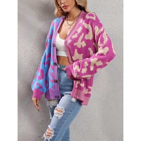 Women's Leopard Print Button Down Long Sleeve Cardigan Acrylic Large - Picture 3 of 7